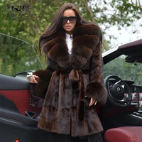 2022 new fashion real mink fur coat 90cm long genuine mink fur coats with fox fur big lapel collar warm overcoats fur natural