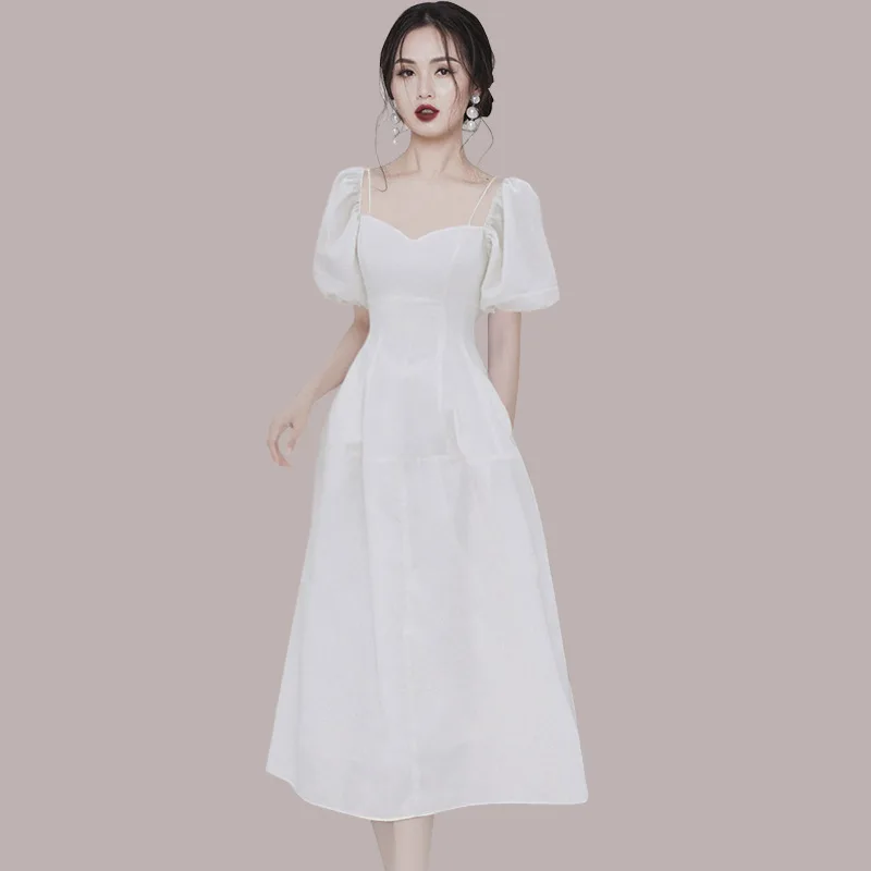 

Chiffon Summer Dress Elegant Vintage Puff Sleeve Evening Women Dresses Bodycon Bandage White Sundress Party Sexy Korean Clothes