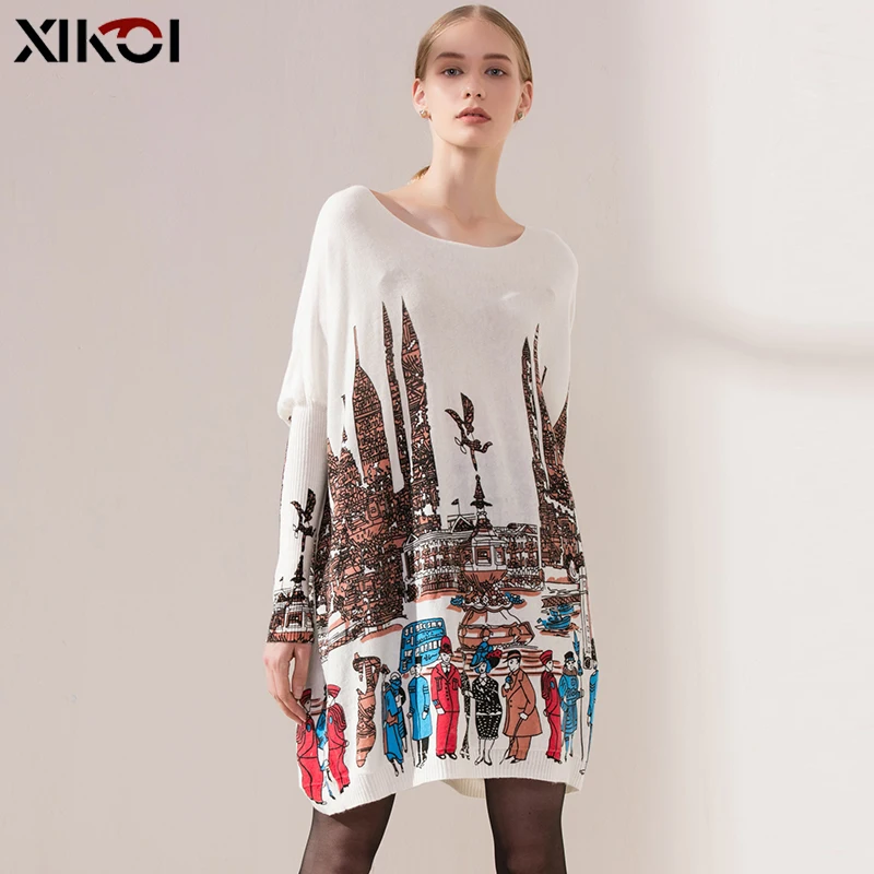 Женский свитер большого размера зимнее трикотажное платье-пуловер с рукавами