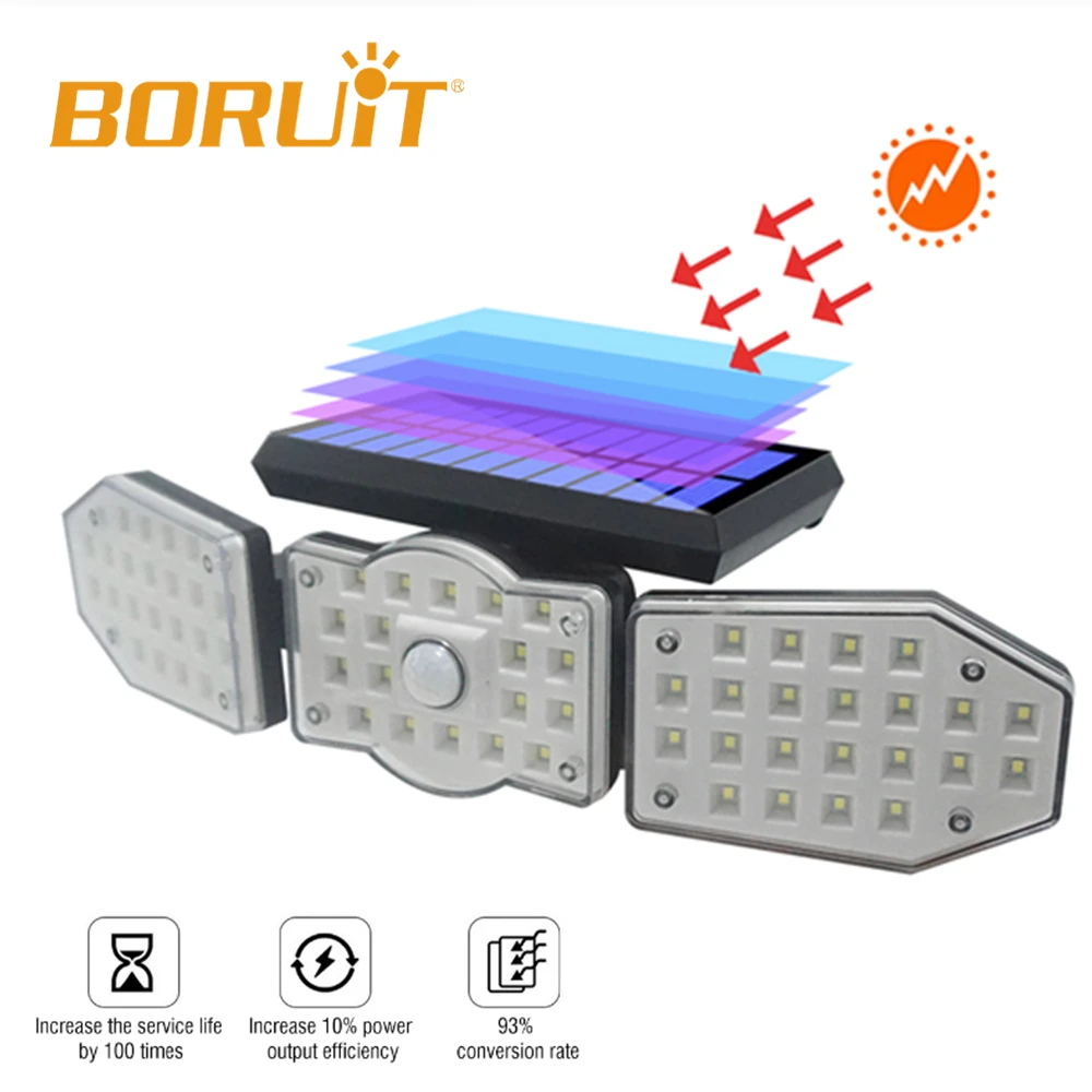 

BORUIT Super Bright Solar Lights Outdoor Three Head Motion Sensor Wide Angle Illumination Waterproof Remote Control Wall Lamp