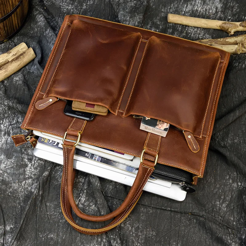 Luufan Crazy Horse Leather Briefcase Handbags Men Male 15.6 Inch Laptop Bag Big Capactiy Tote Bags PC Computer Bag Real Cowskin