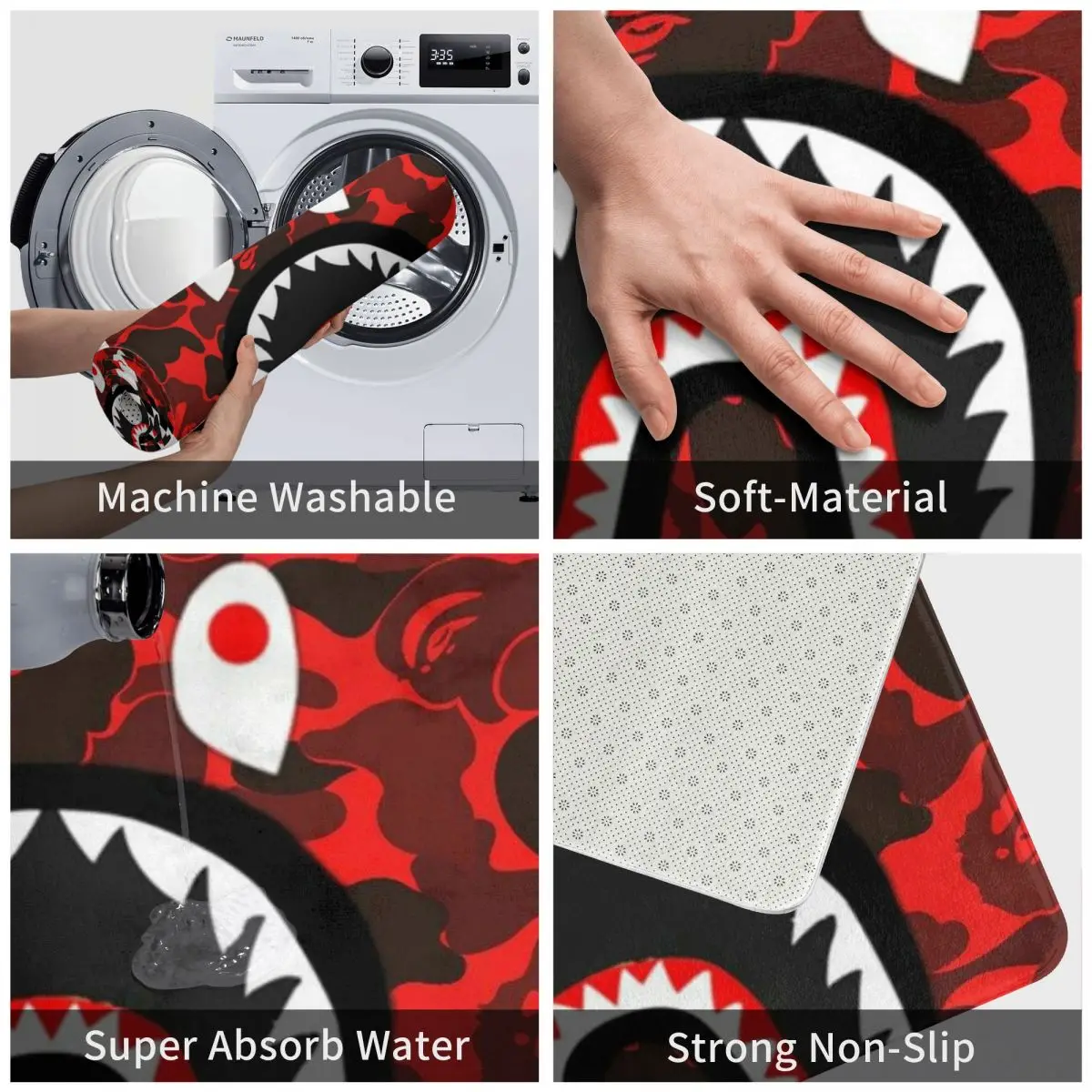 Красный Камуфляжный коврик Bape в виде акулы для ног нескользящий из полиэстера