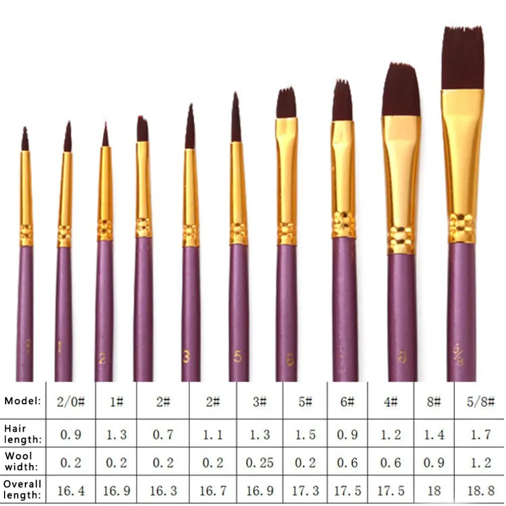 

10pcs/set Blue Purple Artist Paint Brush Set Nylon Hair Watercolor Acrylic Oil Painting Brushes Drawing Art Supplie