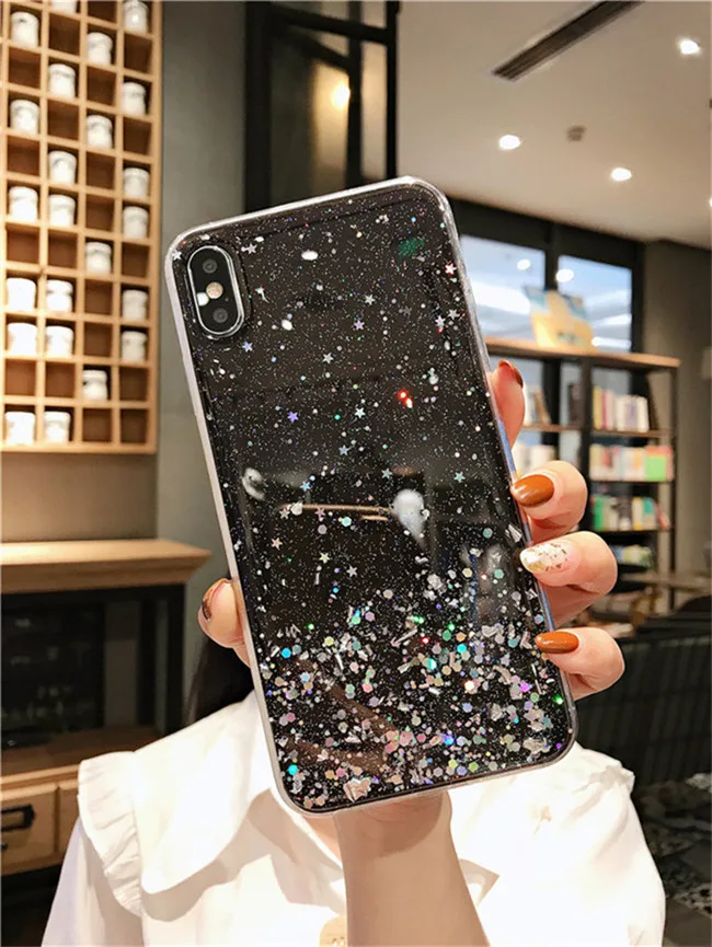 NJIEER Блестящий блестящий чехол для iphone X 11 Pro XS MAX XR Блестящий Прозрачный чехол для iphone 8 7 6 6S Plus Мягкий чехол из ТПУ - Цвет: Черный