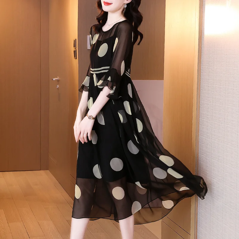 

2021 Summer Women Dress 100% Slik High Waist Balck Dot Woamn Dresses Elegant Women Clorhing Vestidos De Mujer Casual WPY3607