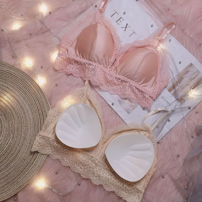 

Ice Silk Sexy Bra Sets Seamless Wireless Push Up Lingerie Padded Bralette Lace Floral Briefs Underwear Wrapped Chest Set