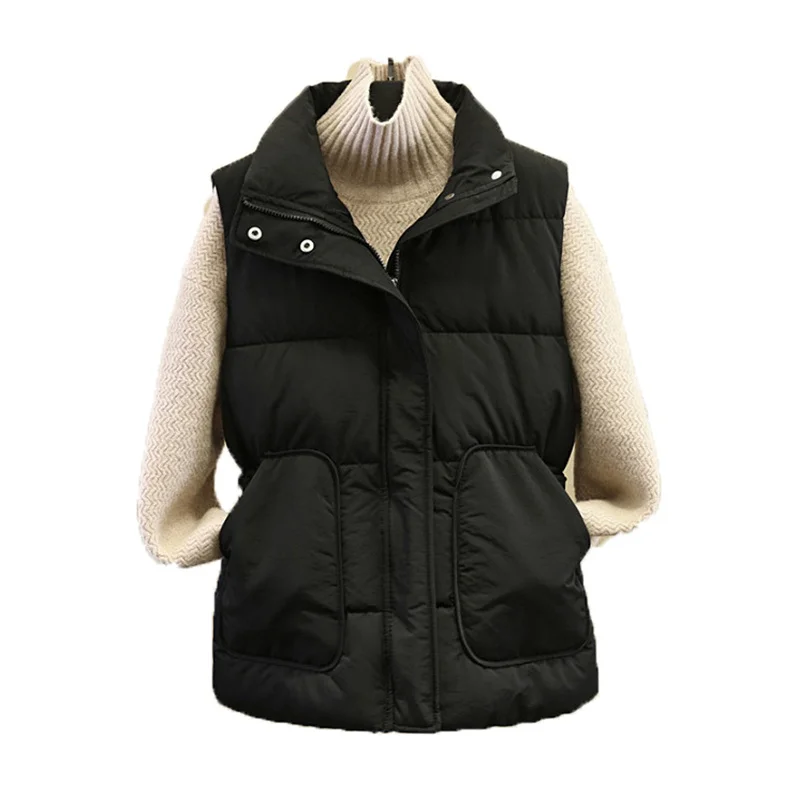 

2021 Black Sleeveless Down Cotton Vest Coat Women New Spring Autumn Loose Tops Fashion Casual Short Waistcoat Vest Jacket H503