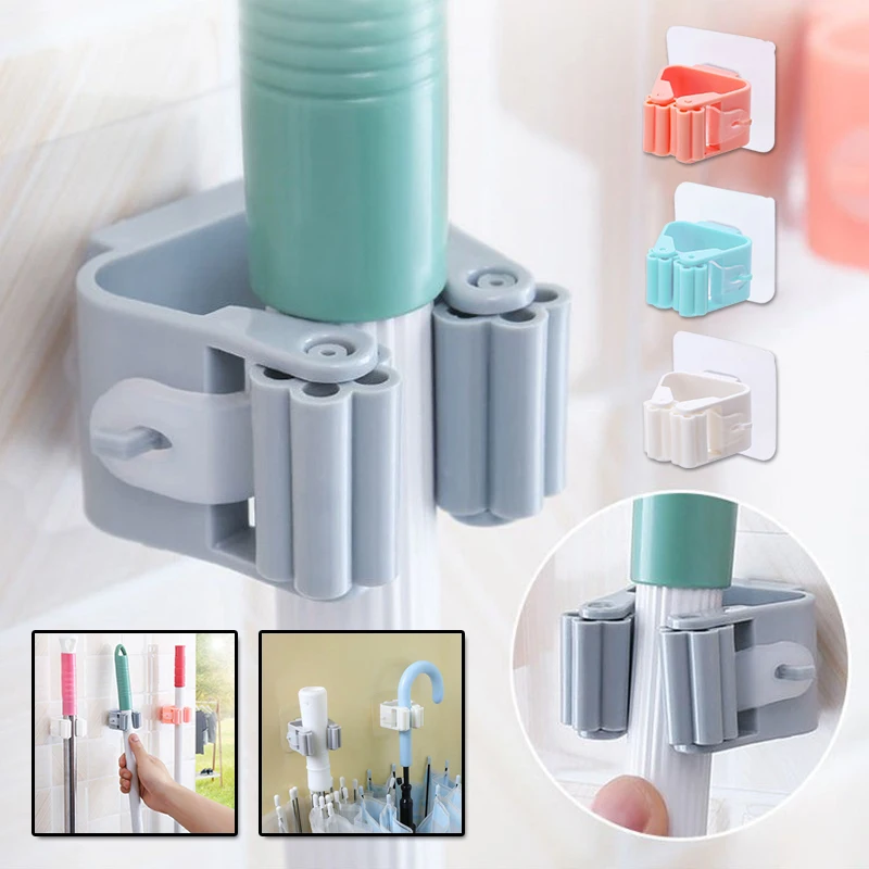 

Wall Mounted Mop Holder For Space Saving With Roller Buckle Punching Free Reusable Mop Clip Hanger For Bathroom Kitchen Crochet