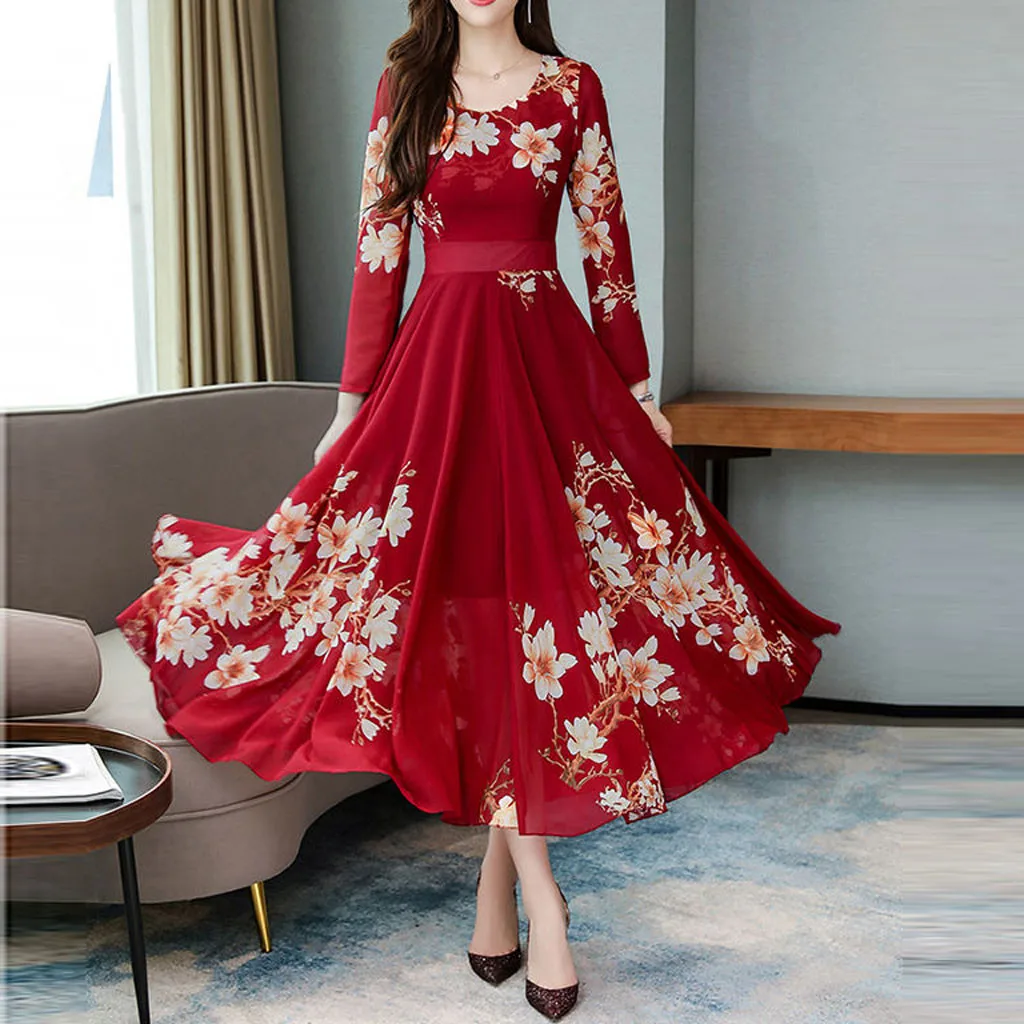 Женское длинное платье трапеция элегантное с круглым вырезом и длинным рукавом