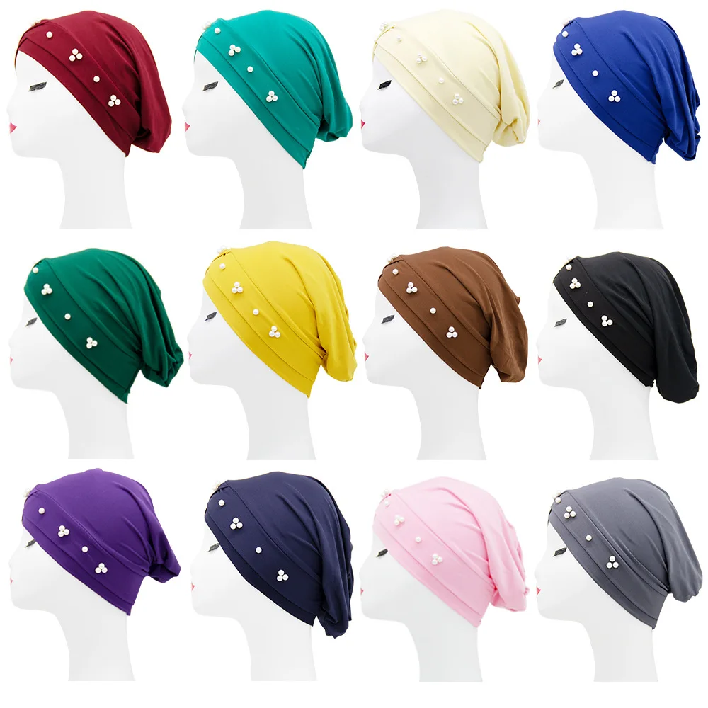 

Solid color women pearl inner caps for hijab forehead cross wrap head scarf turban bonnet muslim headdress hijab underscarf caps