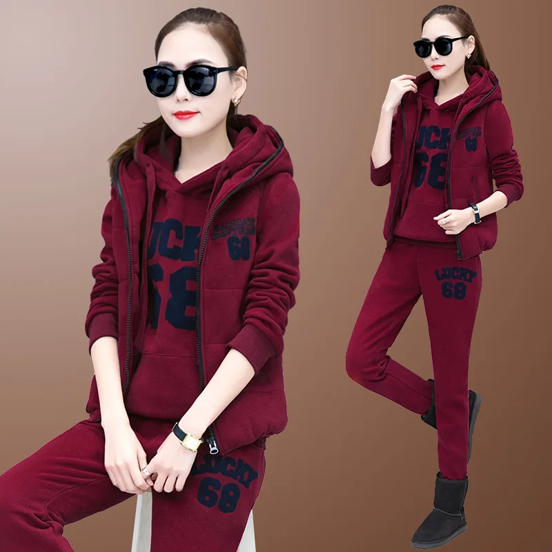 68 winered Женский спортивный костюм, спортивная одежда, зимняя флисовая плотная куртка, свитер, толстовка+ жилет+ штаны, для бега, бега, отдыха, спортивный теплый костюм - Цвет: 68 winered