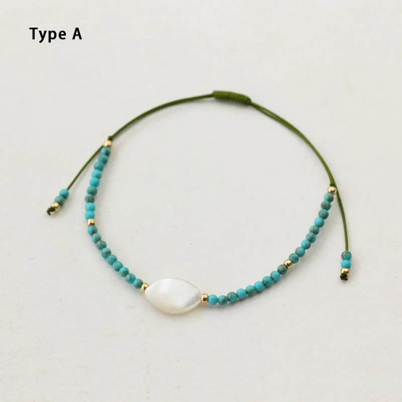Женский этнический браслет из бирюзы и бусин ракушек жемчуга натурального камня