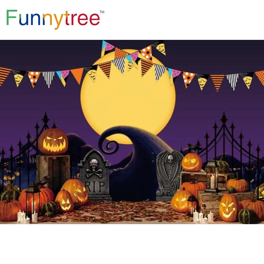 

Funnytree Happy Halloween Party Night Full Moon Background Pumpkin Lantern Banner Horrible Tombstone Skull Candle Backdrop