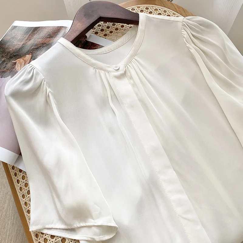

Blouse Women Elegant Style 92% Silk O Neck Puff Short Sleeves Solid 2 Colors Summer Shirt Ladies New Fashion