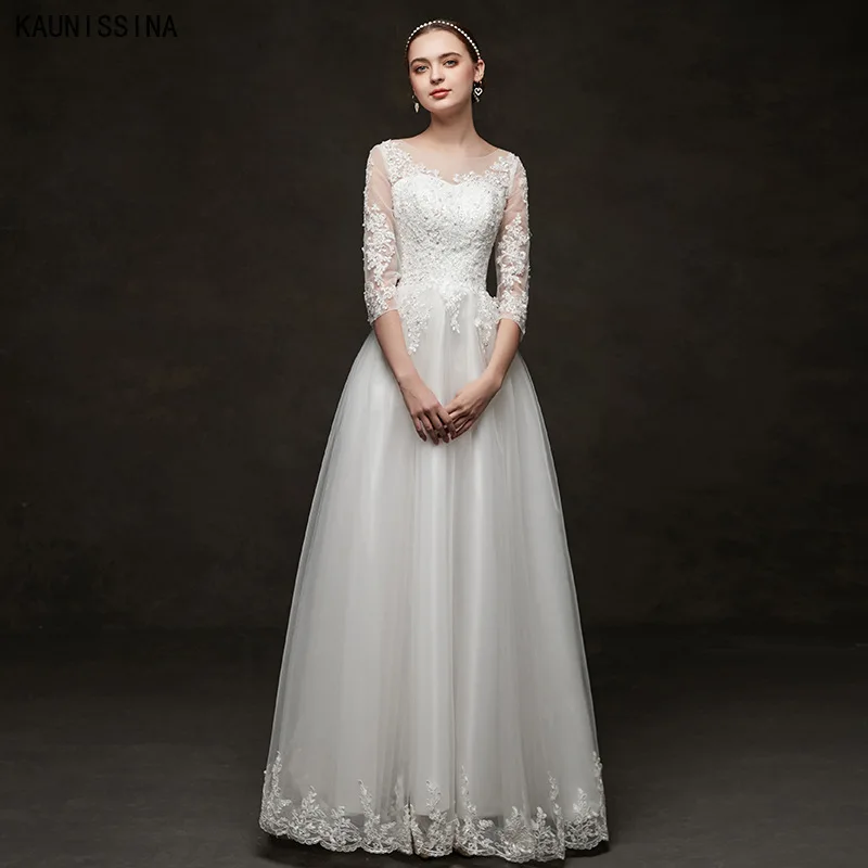 

Элегантное кружевное длинное свадебное платье с вышивкой аппликациями и рукавом три четверти свадебное платье Vestidos Mariage свадебное платье