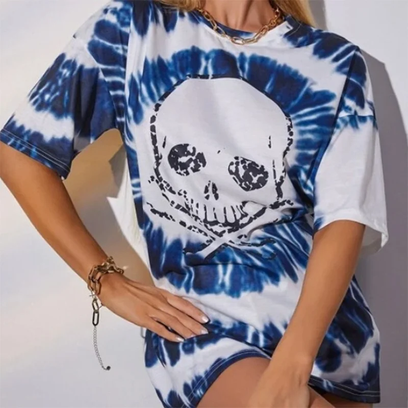 

Skull T Shirt Print Tie Dye Vintage Graphic T Shirts Tops for Women Crewneck Short Sleeve Casual Summer New 2021 Harajuku Tshirt