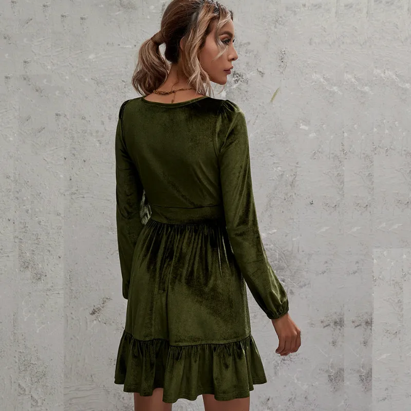 

hirigin Spring Women Deep V-neck Ruffles Mini Dress 2021 Fashion Home Street Retro Party Long Sleeve Casual Slim Vestido