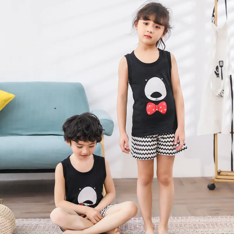 Летняя Детская Пижама без рукавов футболка + штаны 2 шт. мультяшная для девочек и