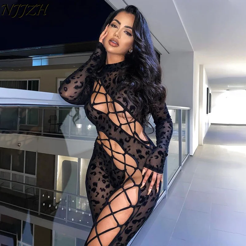 

NJJZH 2021 winter spring Fashion Print Sexy Women Drawstring Patchwork Hollow Out temperament Slim See Through Jumpsuits