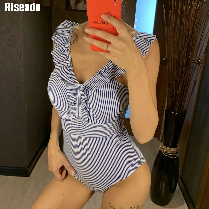 Riseado Сексуальная рюшами Одна деталь купальник купальные костюмы V-Neck Для женщин полосатый принт сексуальные пляжная одежда Новинка ванный комплект Для женщин