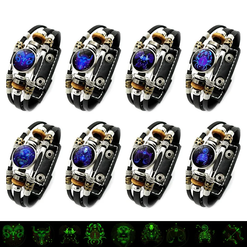 Браслет из кожи 12 знаков зодиака светящийся многослойный с бисером | Украшения и