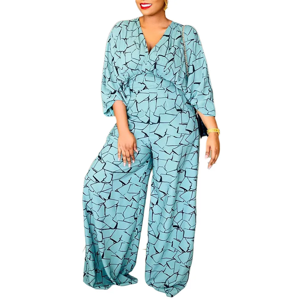 

Jumpsuit Summer 2021 Western Style Fashion New Oversize Printing African V-neck Draw Back Solid Color Casual Loose