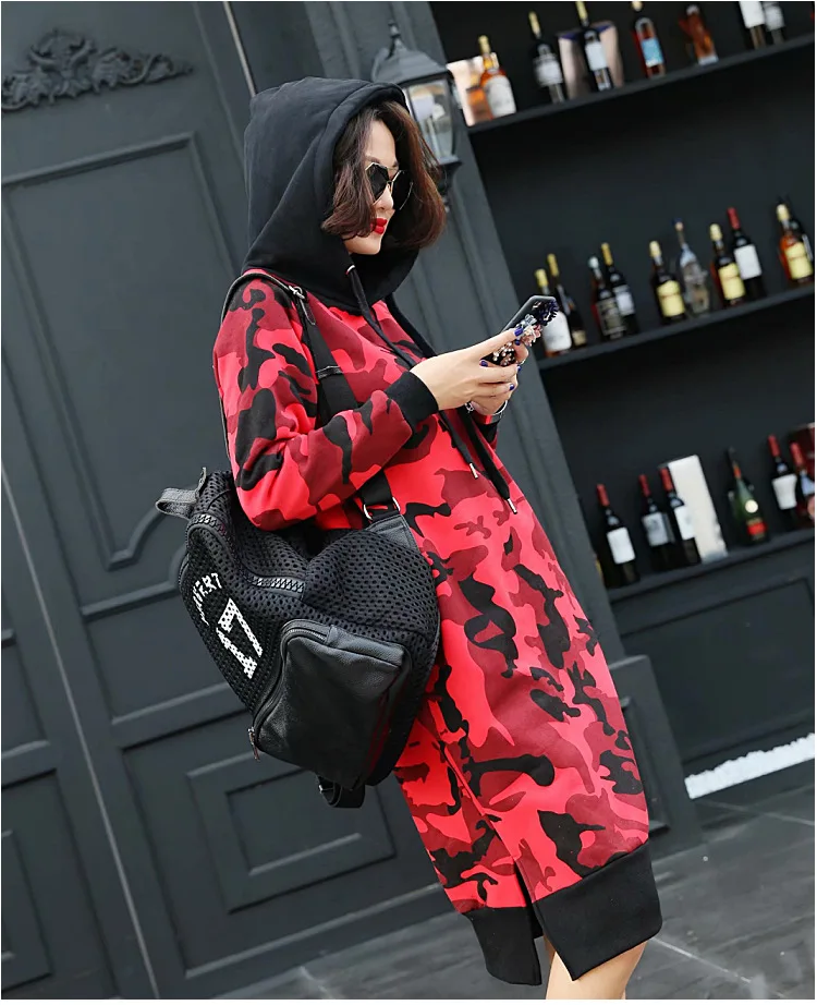 Женская толстовка высокого уличного длинного стиля с разрезом по бокам, флисовая толстовка с капюшоном, большие размеры, свободное камуфляжное платье с капюшоном
