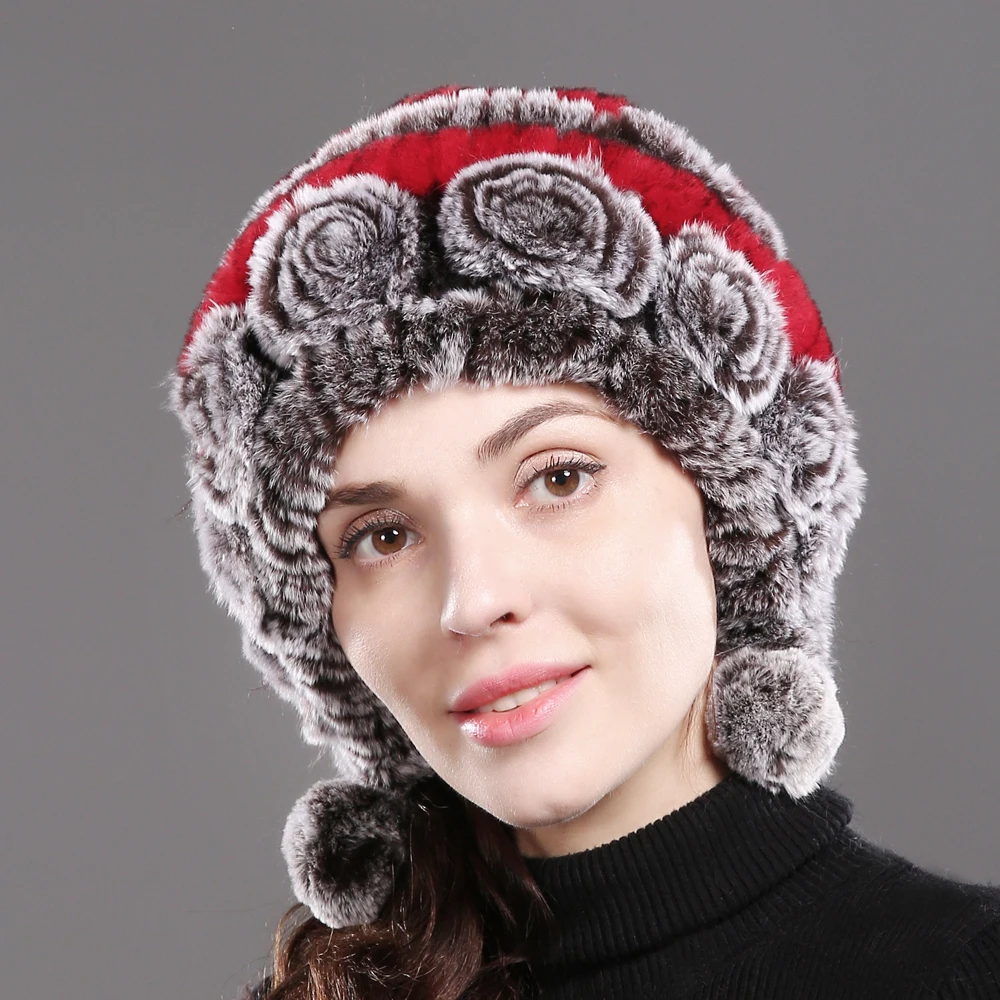 2020 Новый стиль Настоящий мех кролика вязаная шапка в полоску с цветочным принтом