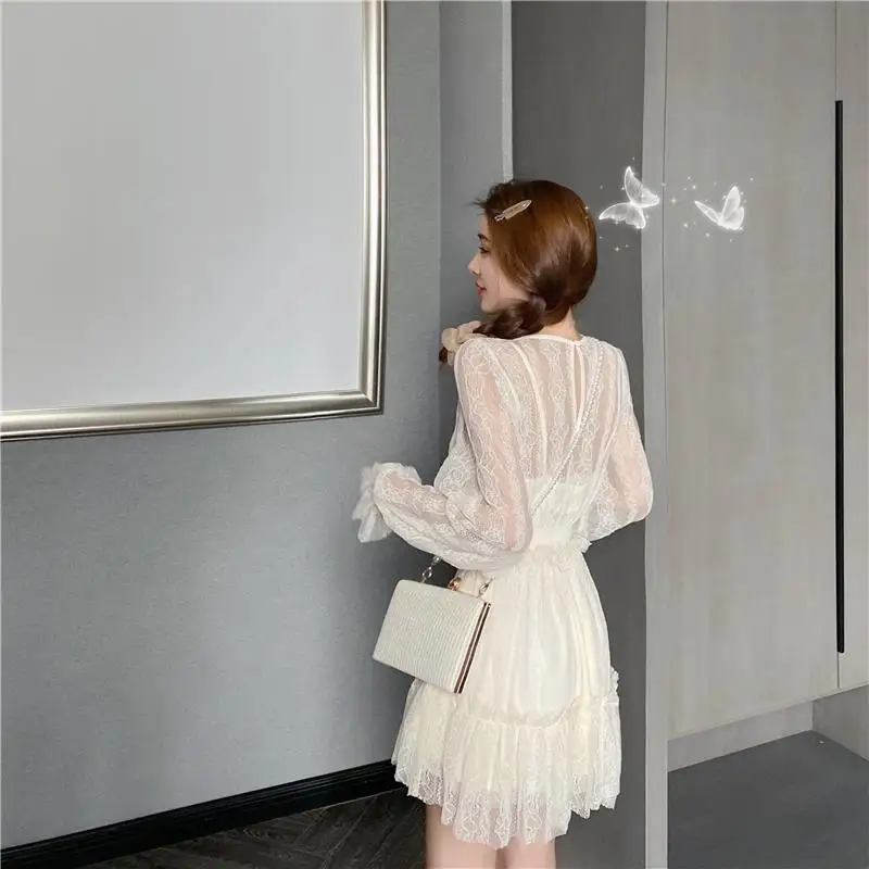 

Lace Elegant Dress Women Long Sleeve Sexy Mini Fairy Party Dress Female Autumn V-Neck Solid Ruffles Vintage Dress