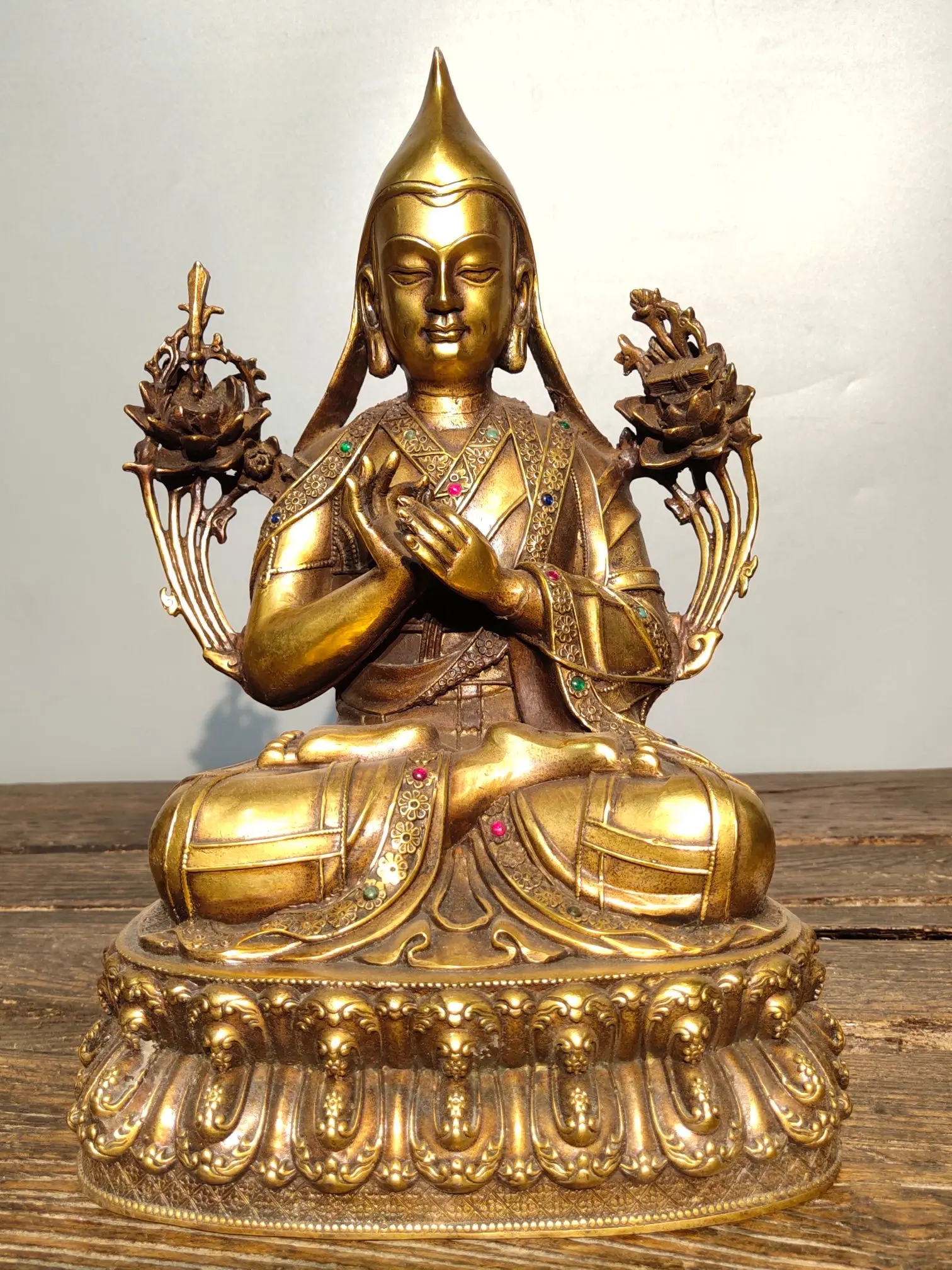 

10"Tibetan Temple Collection Old Bronze Gilt Mosaic Gem Tsongkhapa Sitting Buddha Worship Hall Town house Exorcism