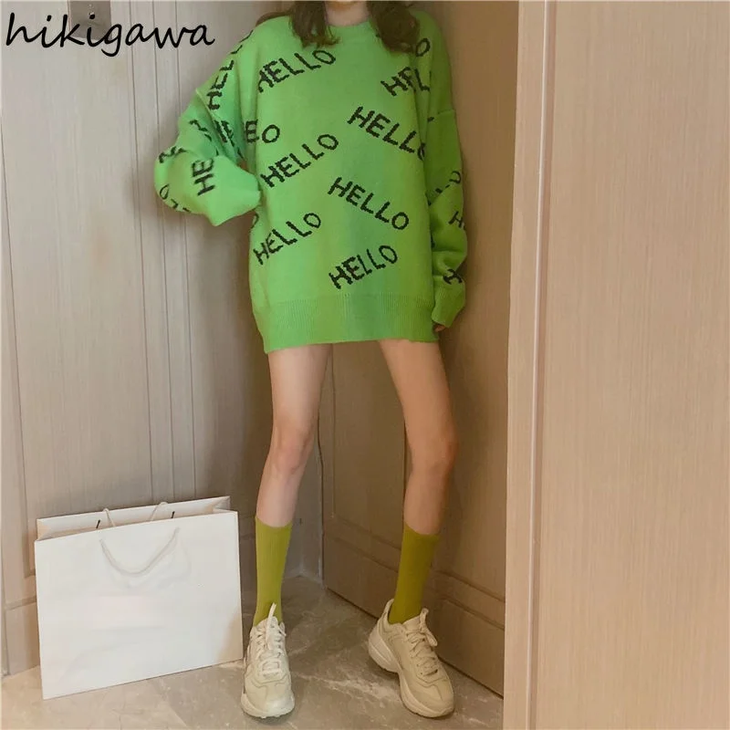 

Hikigawa 2021 Fall Clothing Knit Pulloverse Streetwear Letter Print Oversized Knitted Sweater Korean Fashion Jumper Tops Mujer
