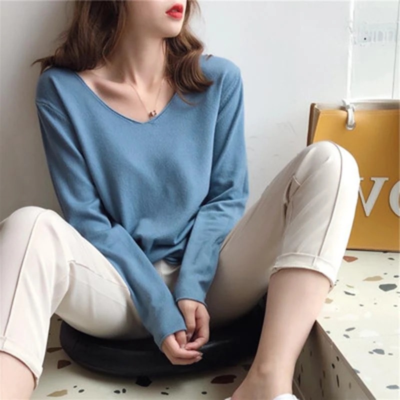 

New 2021 Autumn Winter Women's Sweaters V-Neck Minimalist Tops Fashionable Korean Style Knitting Casual Solid Pullovers