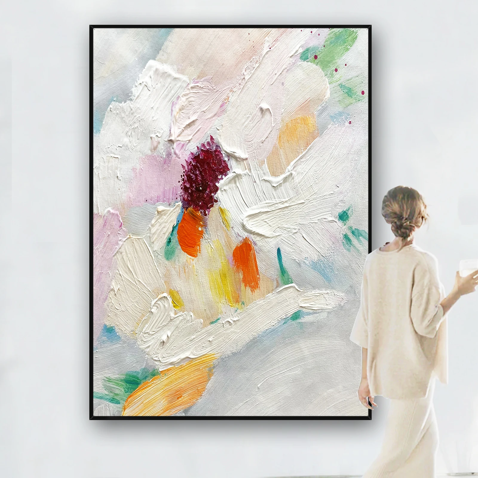 

Hand-Painted 3D Abstract White and Grey Colorful Oil Painting on Canvas Living Room Bedroom Home Wall Hang Art Decor No Framed