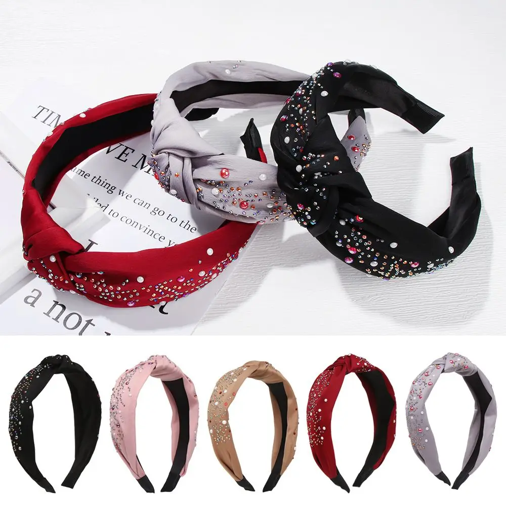 

Rhinestone Broad Edge Headband Comfy Soft Fabric Top Knot Vintage Broad-edged Diamond Knotted Headband Embellished Top