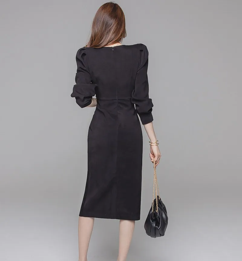 

autumn winter Elegant Pencil Dress Women Split Mid-calf Bottoming Dresses OL Business Work Sheath Bodycon Vestidos
