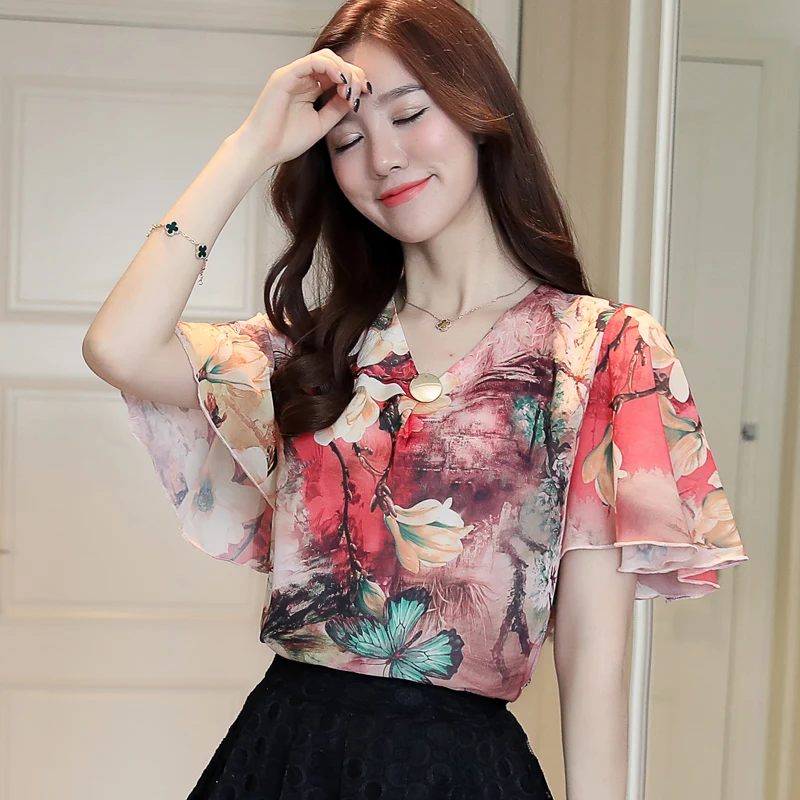 Размера плюс 2021 с модным принтом женская шифоновая блузка низким вырезом рубашка