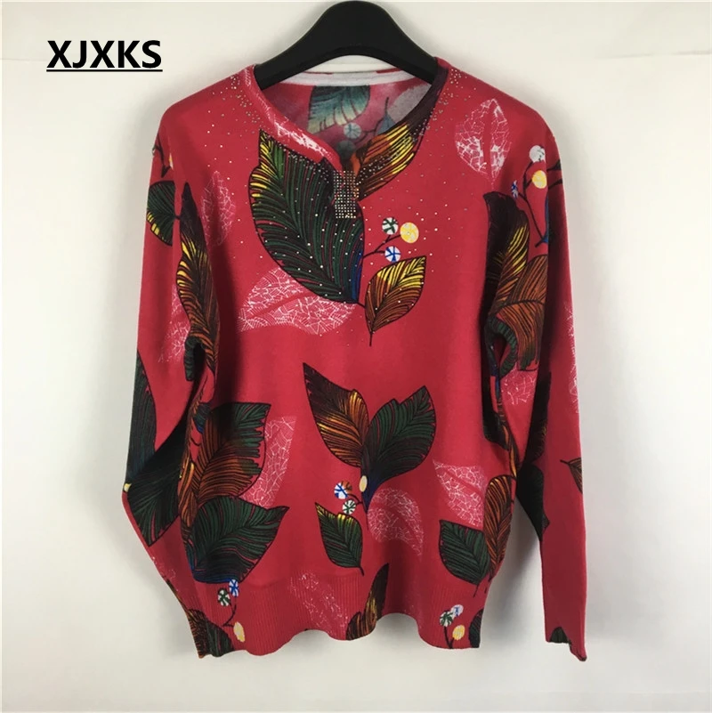 XJXKS осенне-зимний джемпер женский свободный свитер с принтом для матери среднего возраста