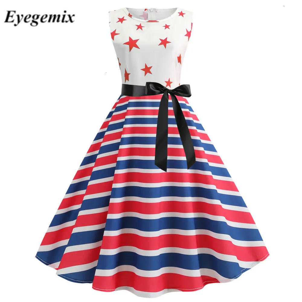 Fashion Summer Dress 2019 Robe Femme O-neck Stars Striped Printed Pinup Vintage 50s 60s Rockabilly Party Dresses Knee Length |
