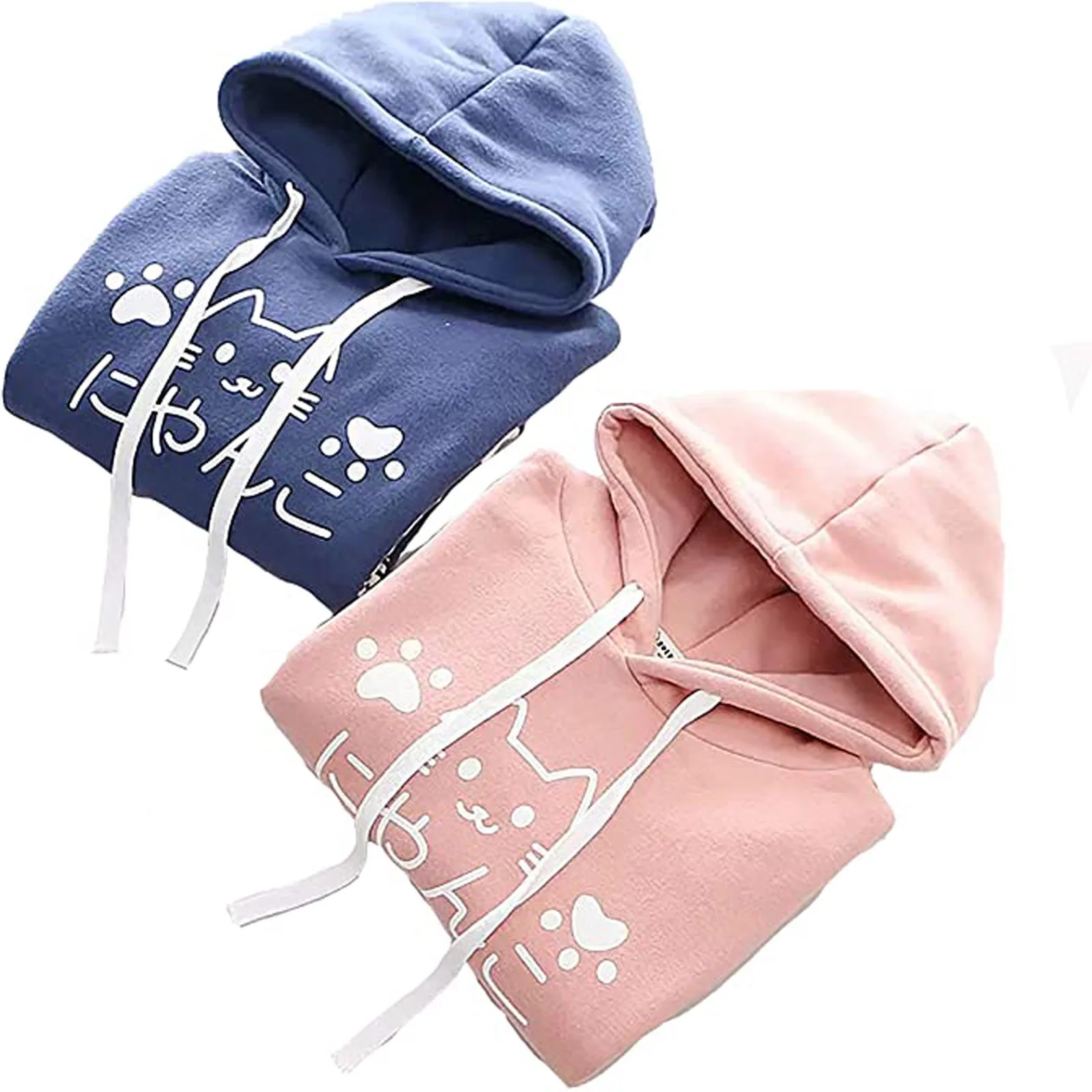 

Spring And Autumn Warm Hip Hop Streetwear Hooded Pullover Cute Girls' Japanese Coloured Kawaii Cat Print Design Hoodie Tops