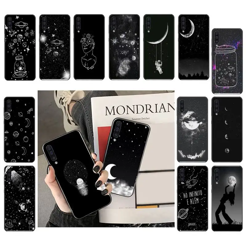 

Black With White Moon Stars Space Astronaut Phone Case For Samsung Galaxy A7 A50 51 A70 80 A40 A20 A30 A8 A6 A8 Plus A9 A71