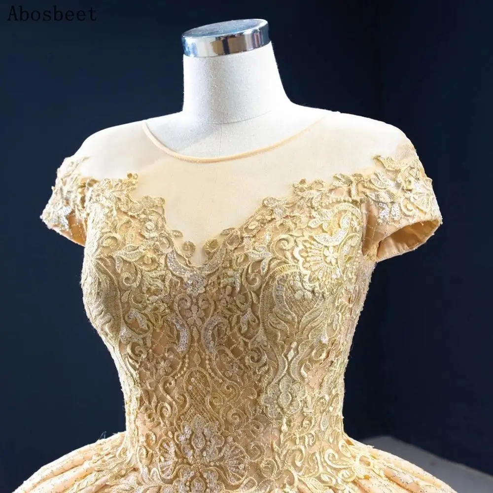 Grid Lace Champagne Ball Gown Evening Dress Short Sleeve Luxury Long Prom Party Women Wear Small Train Lace Up Back