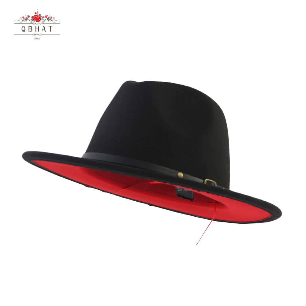 

Women Men Black Red Patchwork Wool Felt Jazz Fedora Hat Unisex Panama Style Wide Brim Party Trilby Cowboy Dress Wedding Cap