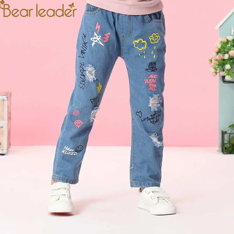 Джинсы для девочек Bear Leader весенние брюки с рисунком детские леггинсы-карандаш