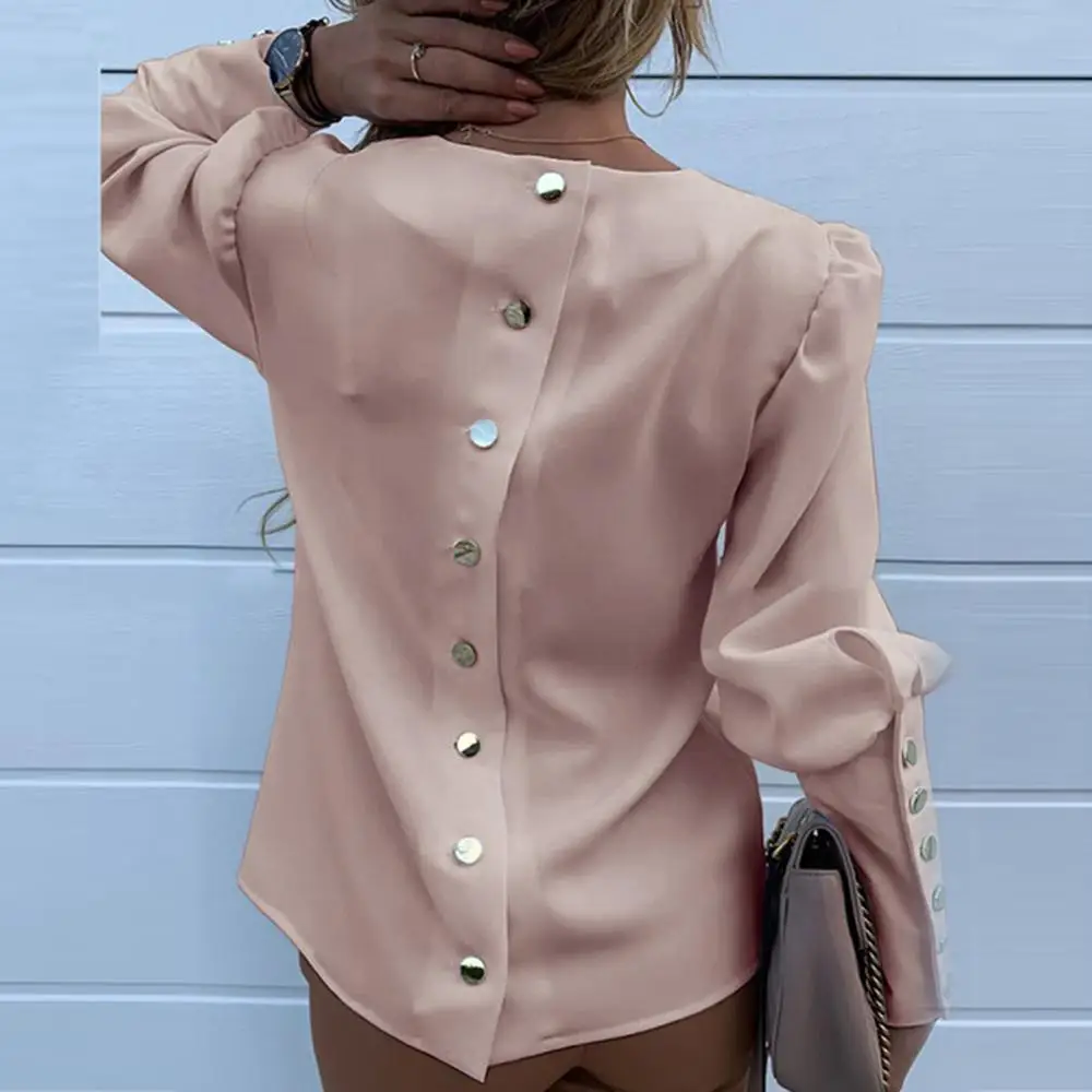 

2020 Work Wear Women Blouses Long Sleeve Back Metal Buttons Shirt Casual O Neck Printed Plus Size Tops Fall Blouse Drop Shipping