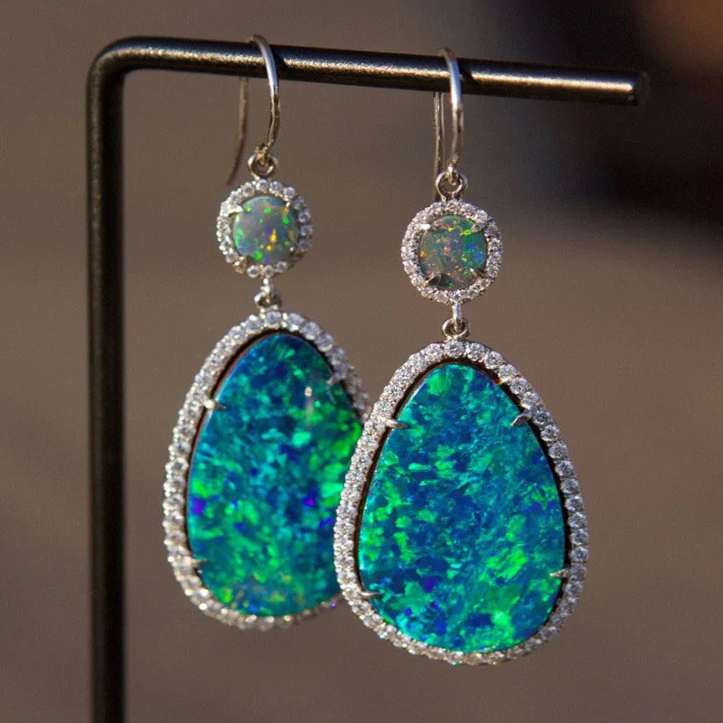 

Classic Geometric Blue Opal Dangle Earrings Bling Iced Out Rhinestone Crystal Zircon for Women Party Popular Jewelry