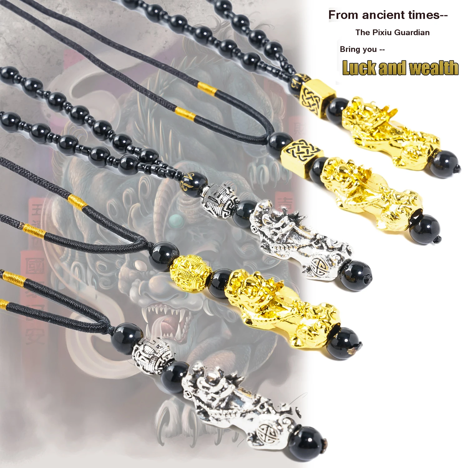 

Pixiu Pendant Necklace Symbol Wealth and Good Luck Charm Necklace Chinese Feng Shui Faith Obsidian Stone Beads Necklaces Gifts