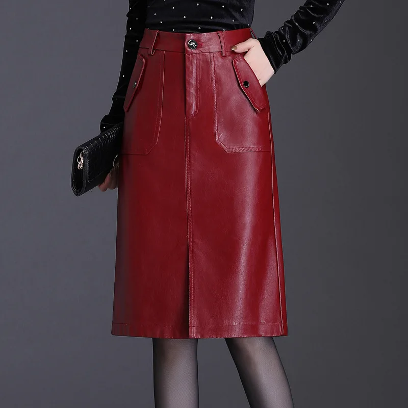 

PU Leather Bodycon Women Skirts Office Lady Spring Autumn Front Slit High Waist Streetwear Red Black Straight Knee-Length Skirt