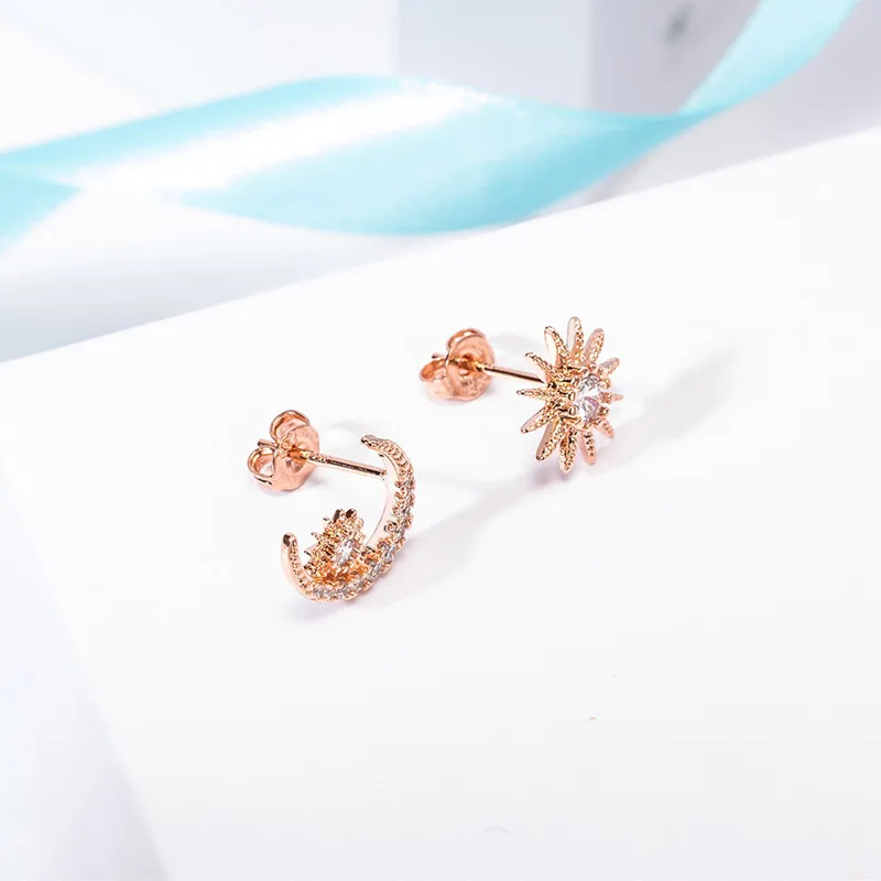 Настоящее золото 14k серьги корейские асимметричные в форме Луны женские Orecchini