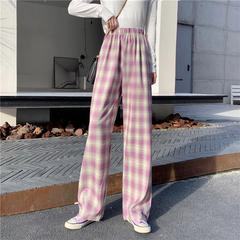 

Women's pants summer traf Korean style loose lattice elastic waist harajuku Women's pants straight casual loose pants for women