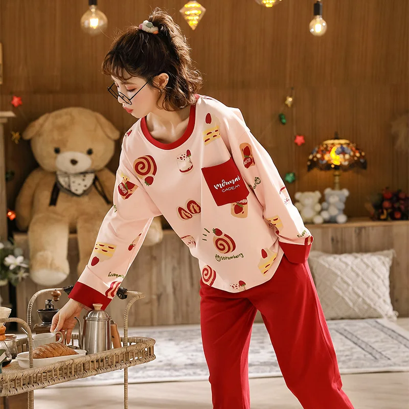 Foply Cartoon Pajamas for Women Full Cotton Pyjamas Sleepwear Nightwear Pijama Mujer Home Wear Plus Size Long Pants Nightsuit